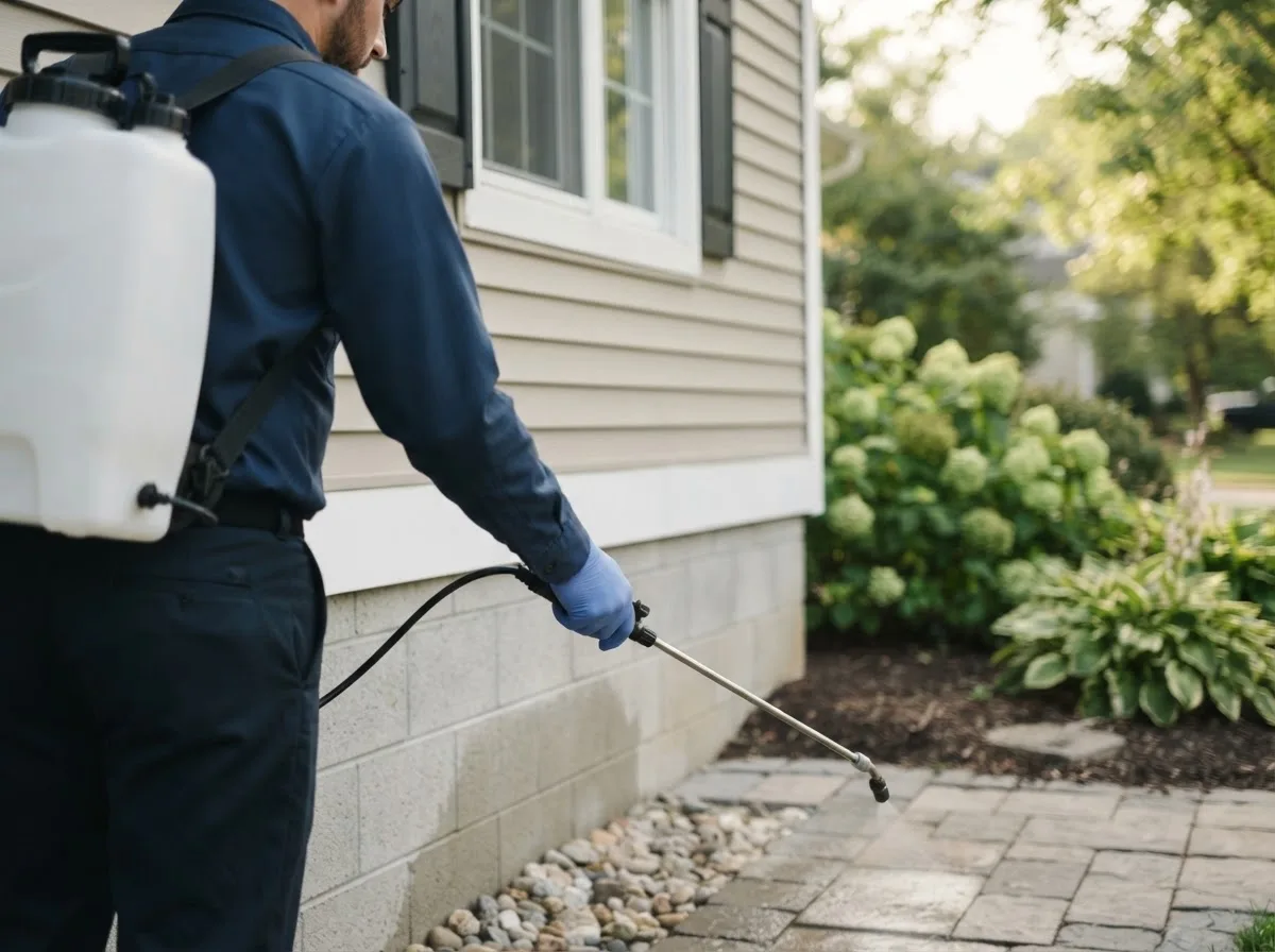 Pest control technician inspecting a home in Elmer, OK